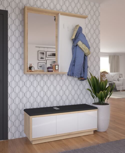HYBRID #5 hallway furniture with mirror, cabinet with seat, Cremona oak, whiteHYBRID