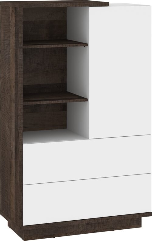 HYBRID 17 low bookcase with drawers and shelves, oak color, white glossy colorHYBRID