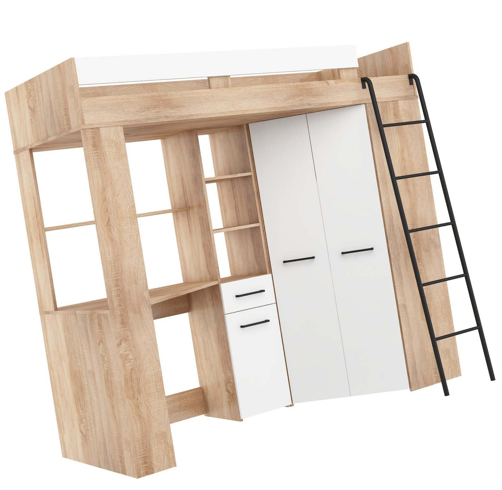 FLO P bunk bed with table, corner wardrobe, mezzanine, Sonoma oak, white - Image 8