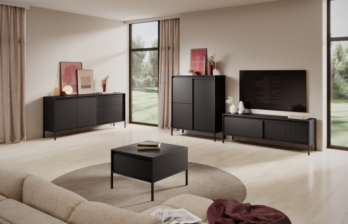 Living room wall cabinet with grooves, black