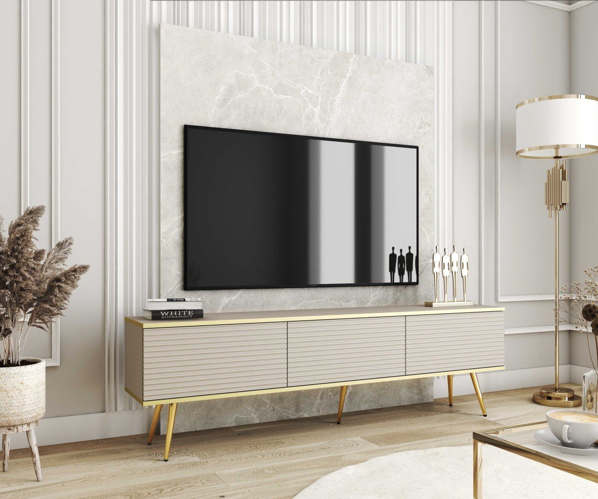 Air wall-mounted or freestanding TV cabinet 135 or 175 cm, beige, with MDF grooves