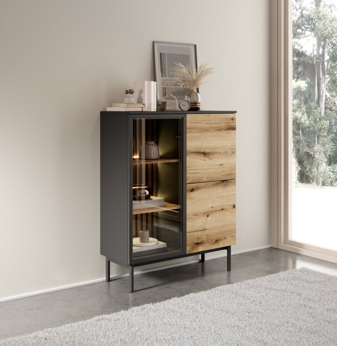 Loft-style living room with glass walls and lighting, Lang cabinet - Image 4
