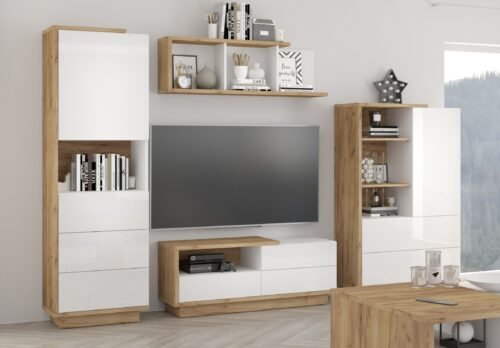 HYBRID #1 living room furniture, TV cabinet, shelf, oak products, gold, white glossy colorHYBRID