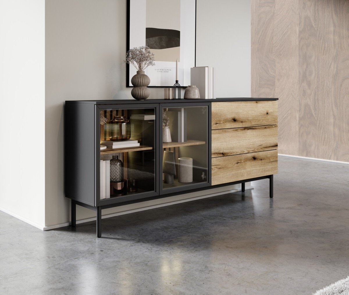 Loft-style living room with glass walls and lighting, Lang cabinet - Image 6