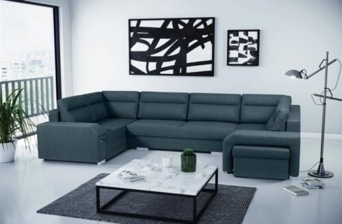 Alvares U fold-out corner sofa with bar and pouf