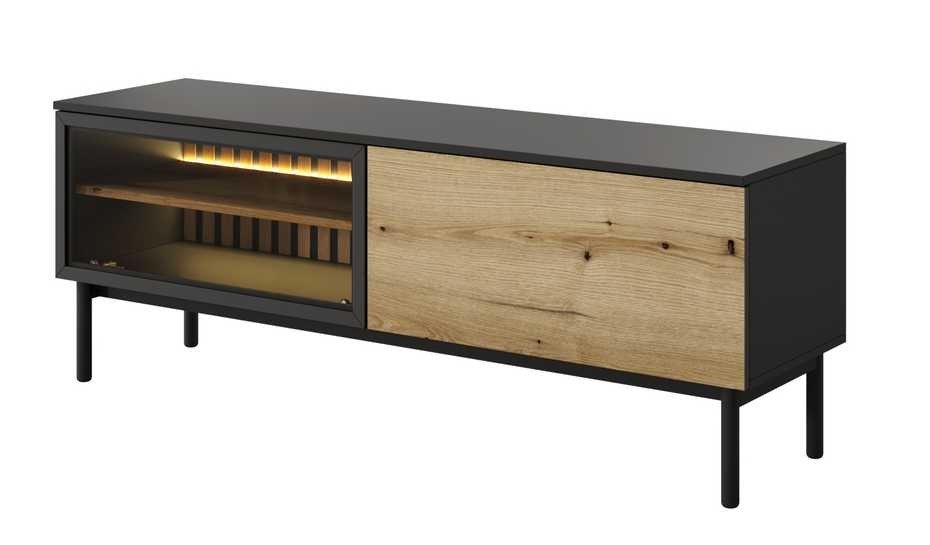 Loft-style TV cabinet with glass front and lighting Lang 150