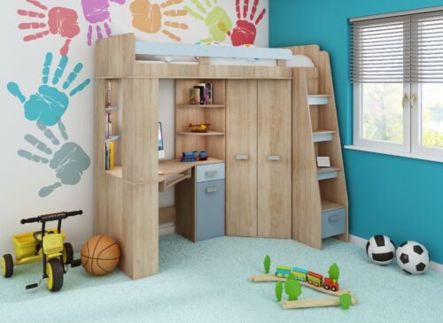 SOLA P bunk bed with table, corner wardrobe, mezzanine, Sonoma oak, blue