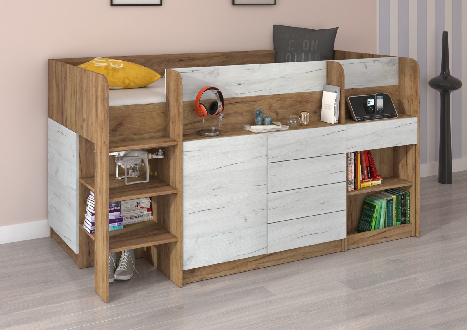EMI L-shaped loft bed, desk, chest of drawers, oak color gold/white - Image 2