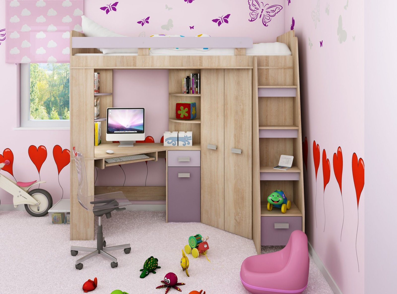 SOLA P bunk bed with table, corner wardrobe, mezzanine, Sonoma oak, purple - Image 4