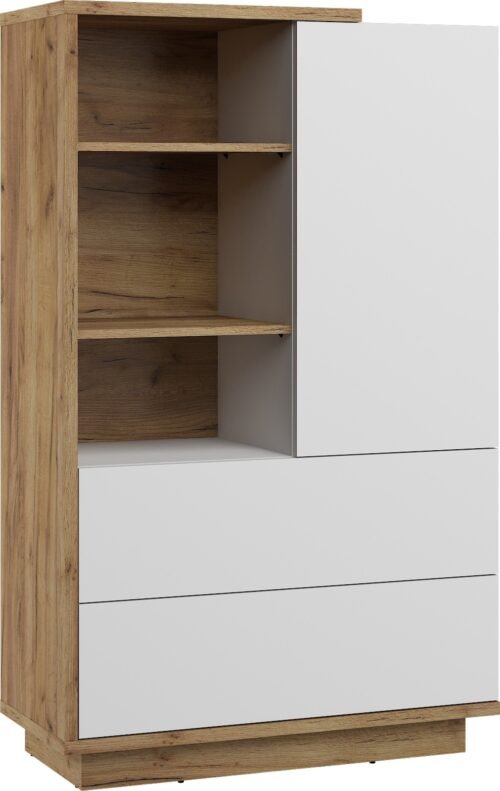 HYBRID 17 furniture, low shelf with drawers and shelves, oak, gold, white glossy colorHYBRID