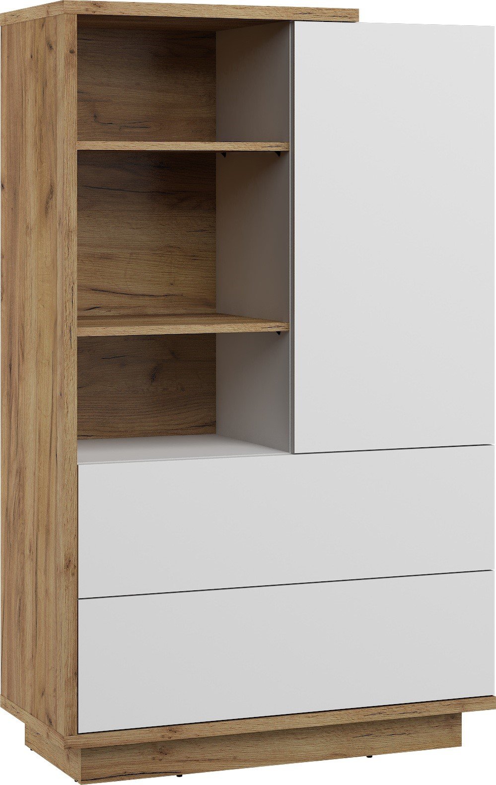 HYBRID 17 furniture, low shelf with drawers and shelves, oak, gold, white glossy colorHYBRID
