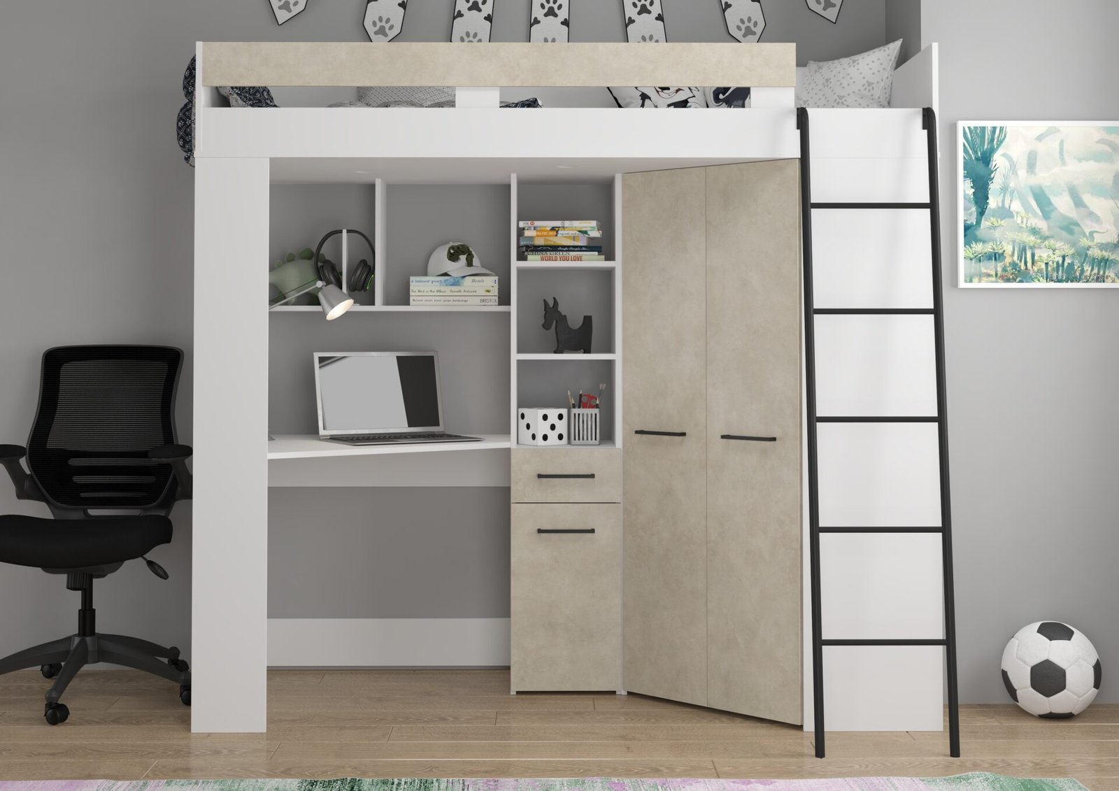 Bunk bed with desk, corner wardrobe, mezzanine FLO P, white granite, almond color - Image 4