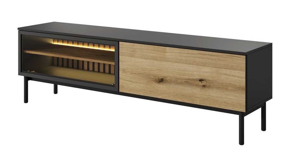 Loft-style TV cabinet with glass front and Lang 180 lighting