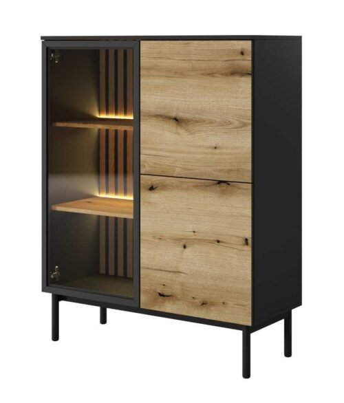 Low loft-style glass display case with Lang lighting