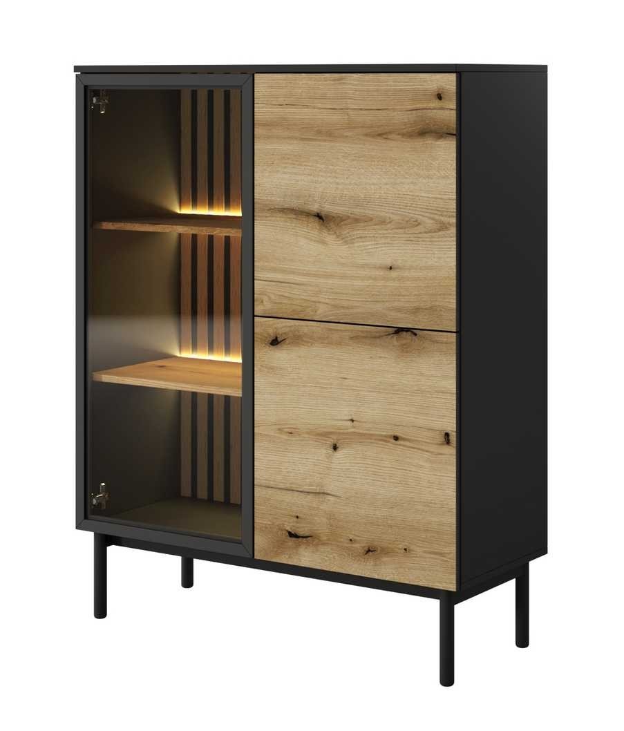 Low loft-style glass display case with Lang lighting