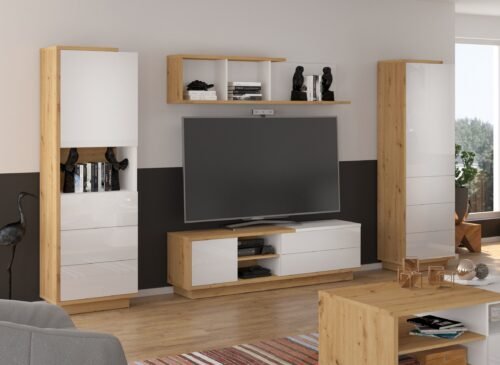 HYBRID furniture #3 wall cabinet, bookshelf, TV stand, shelf, artisan oak, white glossy colorHYBRID