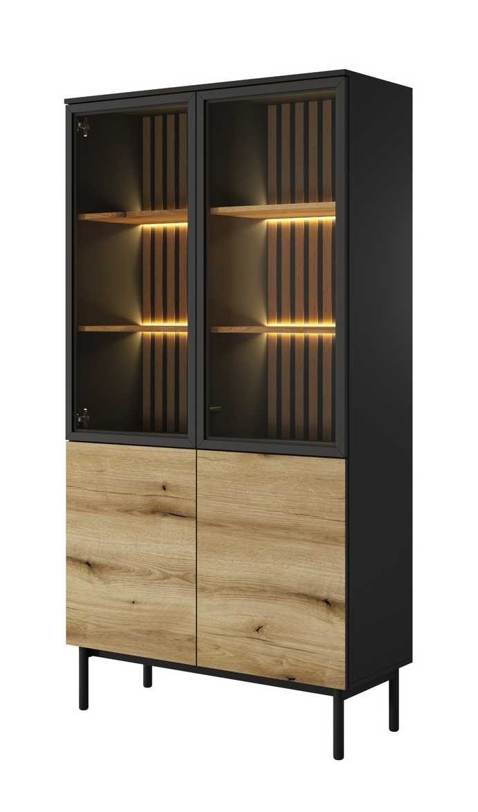 Tall loft-style glass display case with Lang lighting