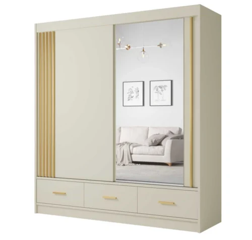 Sliding wardrobe with mirror strips and drawers Canada CA-200 cashmere