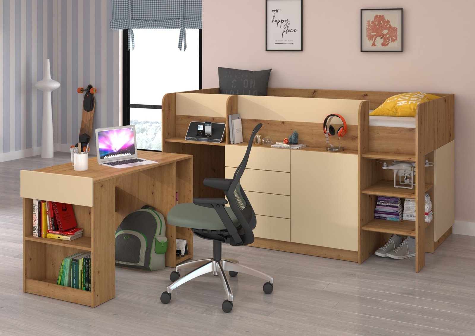 EMI P bunk bed, desk, chest of drawers, mezzanine, Artisan Oak Cream
