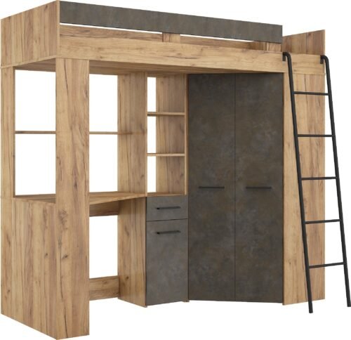 Bunk bed with table, corner wardrobe, mezzanine FLO P craft gold gray brown