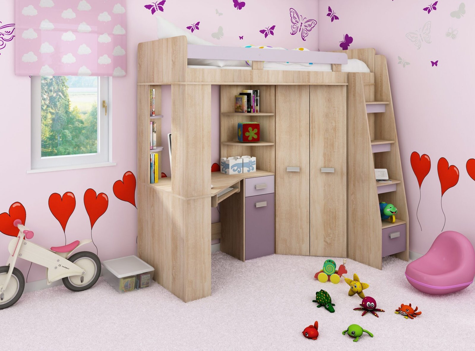 SOLA P bunk bed with table, corner wardrobe, mezzanine, Sonoma oak, purple - Image 3