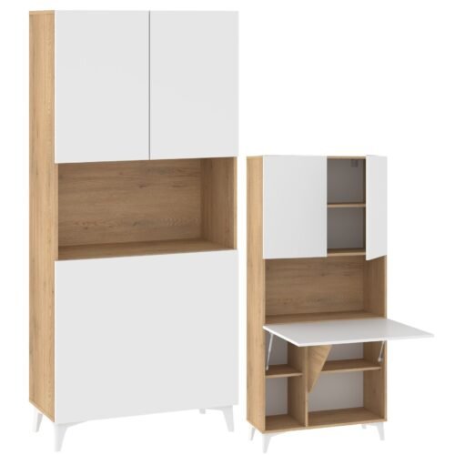 MEGAN furniture 1 bookshelf + folding table, cremona oak / white glossy