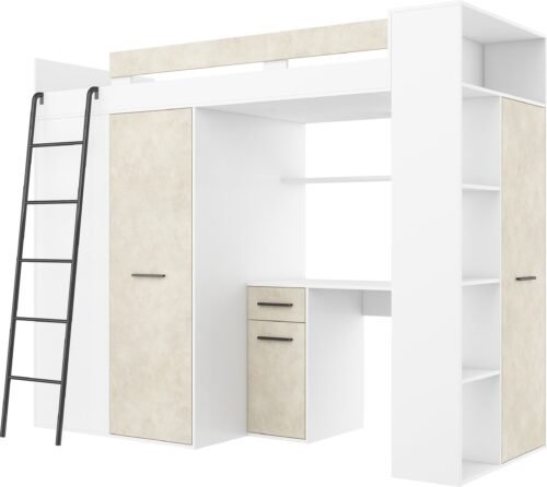 RAVENA L mezzanine with desk, wardrobe and chest of drawers, white, almond color