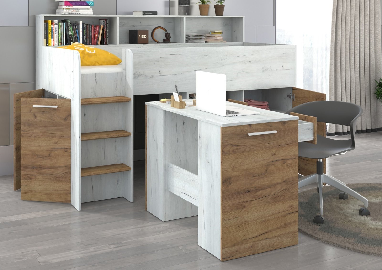 ENO L children's or youth loft bed, faux oak color, white/gold - Image 4