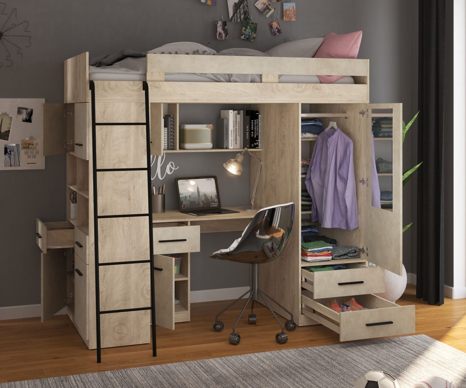 VELVE L mezzanine with table, wardrobe, chest of drawers, engraved oak, almond color - Image 4