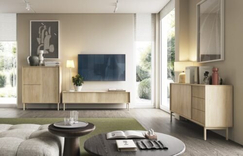 Living room “Tavo” wall cabinet with grooves on the facades, cremona