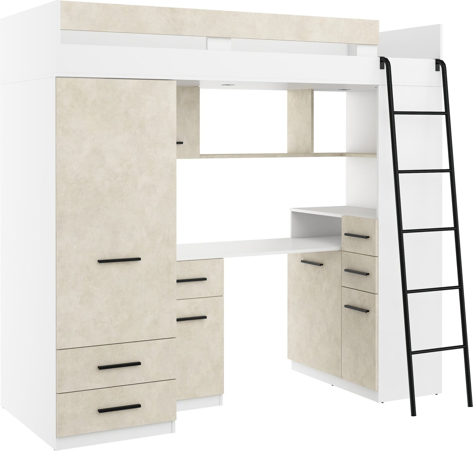 SMYK P mezzanine with desk, wardrobe and chest of drawers, white, almond color