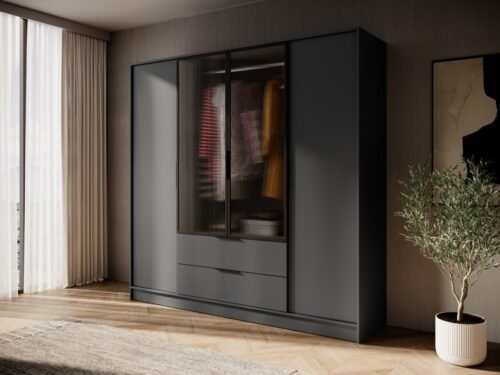 Loft style wardrobe with 4 doors, grooves and drawers, Kelly 4D RM rod