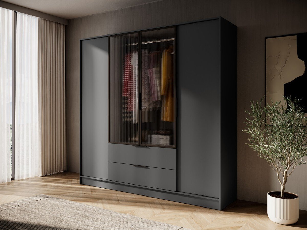 Loft style wardrobe with 4 doors, grooves and drawers, Kelly 4D RM rod