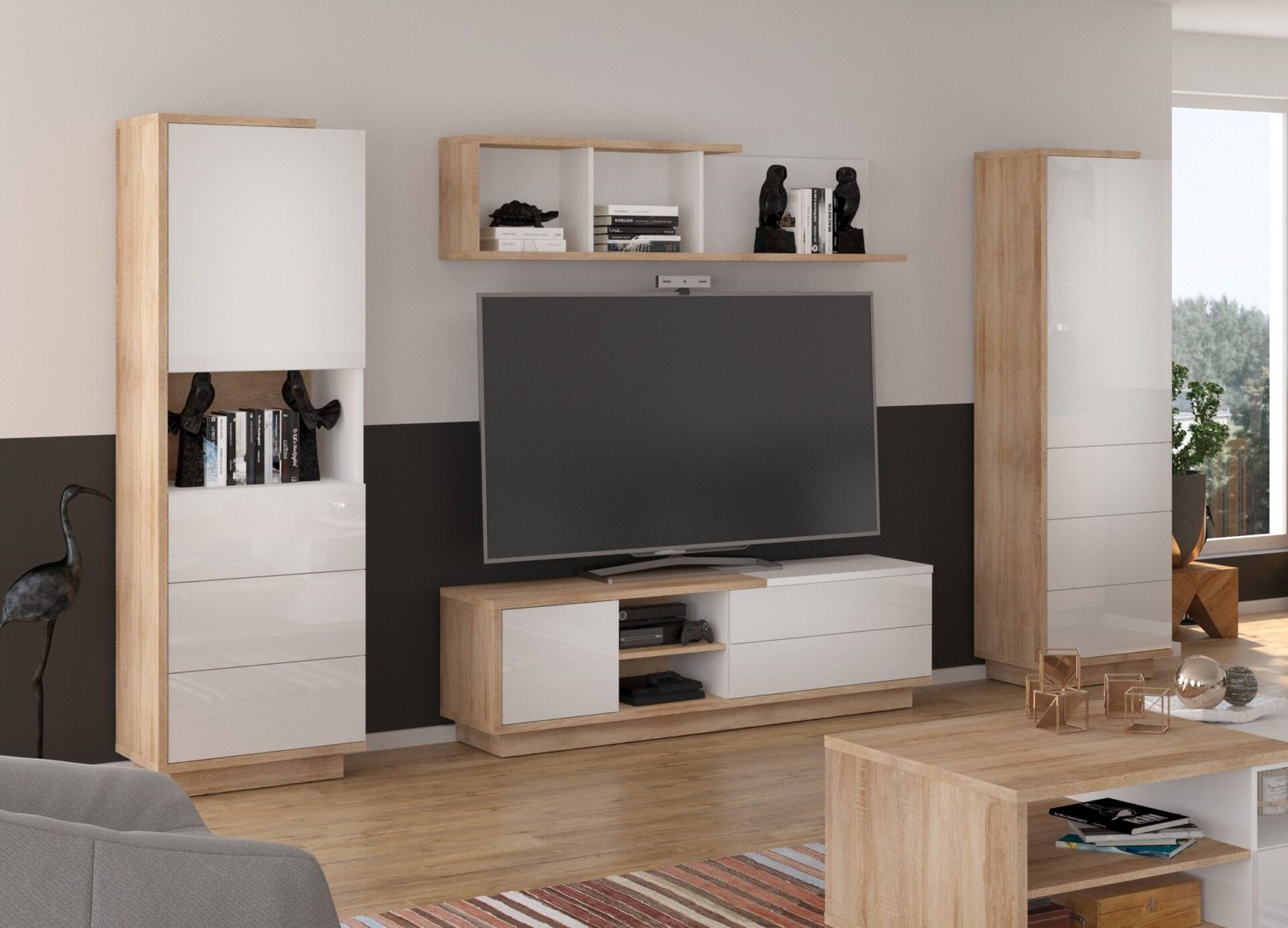HYBRID furniture #3 wall cabinet, bookshelf, TV stand, shelf, Sonoma oak, white glossy colorHYBRID