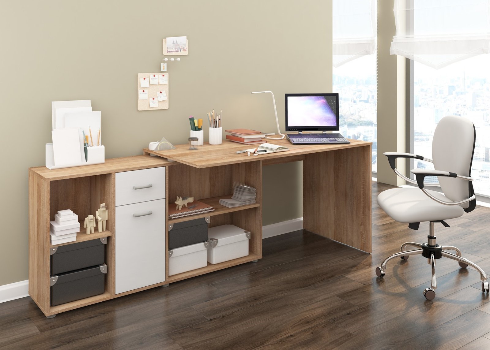 BEAT L-shaped height-adjustable corner table, Sonoma white