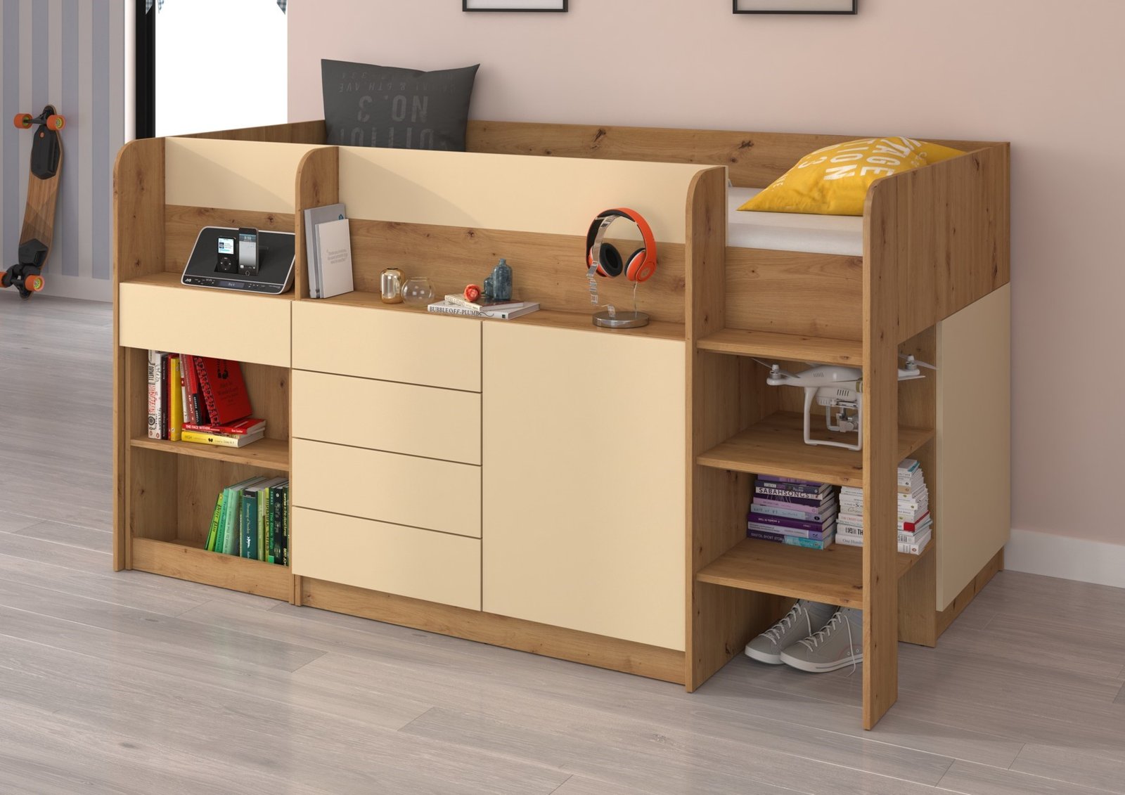 EMI P bunk bed, desk, chest of drawers, mezzanine, Artisan Oak Cream - Image 2