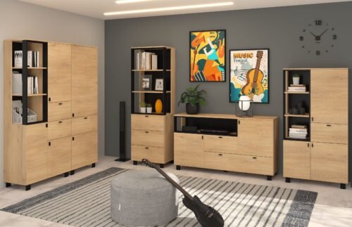 VEGAS #9 living room furniture, wall cabinet, wardrobe, shelf, chest of drawers, Cremona oak, black