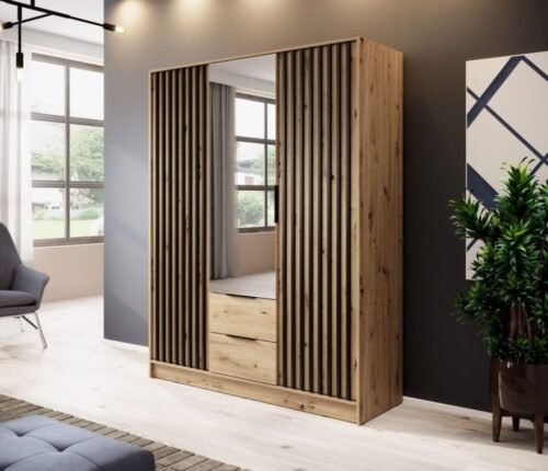 Nelly 3D wardrobe with grilles, oak color, with mirror