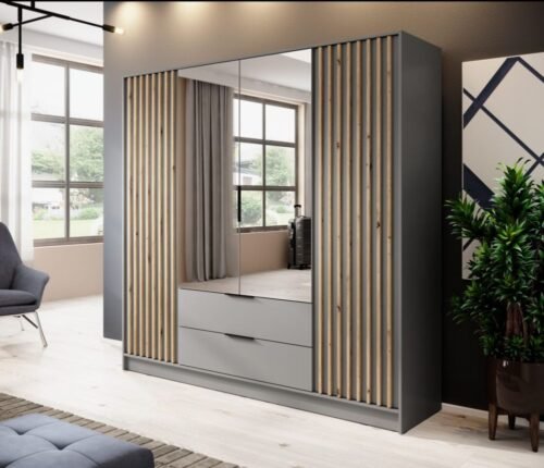 Nelly 4D wardrobe, gray, with mirrors and grilles