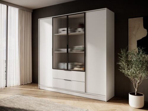 Loft style wardrobe with 4 doors, grooves and drawers, Kelly 4D RM shelves