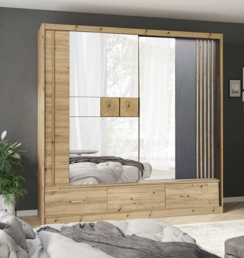 Sliding wardrobe with mirror strips and drawers, Canada CA2-200