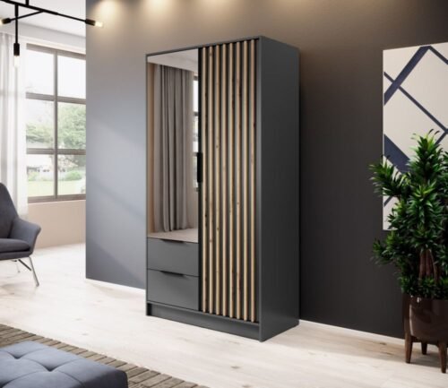 Nelly wardrobe with 2D graphite slats and mirror