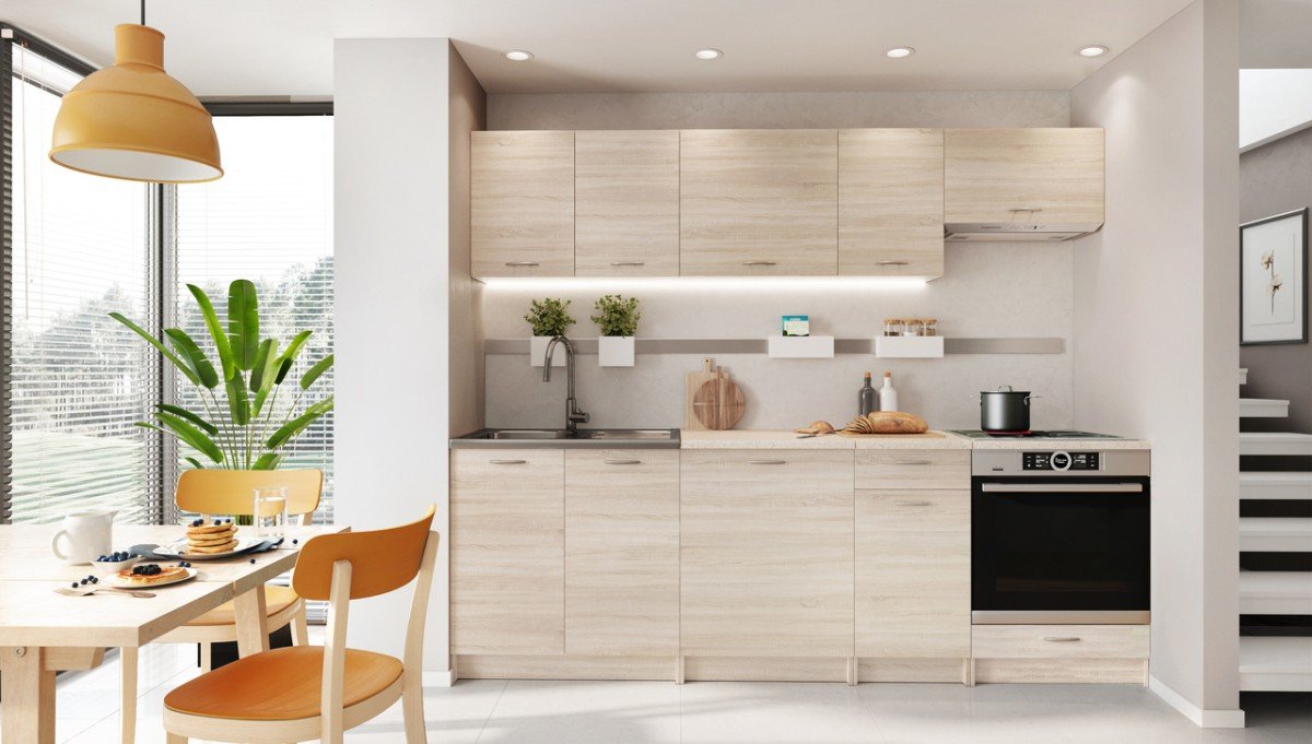 "Mela" kitchen, 240 cm, sonoma oak color, with countertops - SPECIAL OFFER