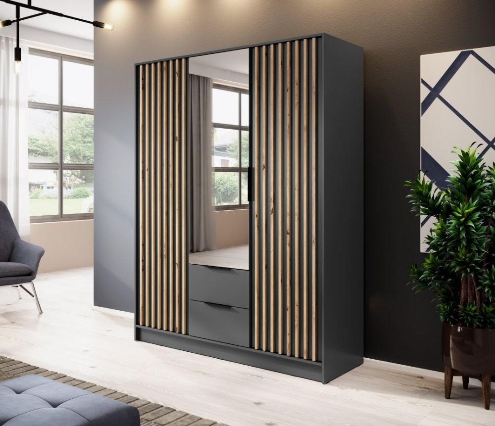 Nelly 3D wardrobe with graphite slats and mirror