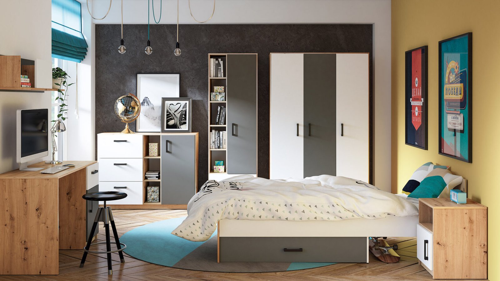 FINI 02 oak body / white front / anthracite insert – wardrobe - Image 9