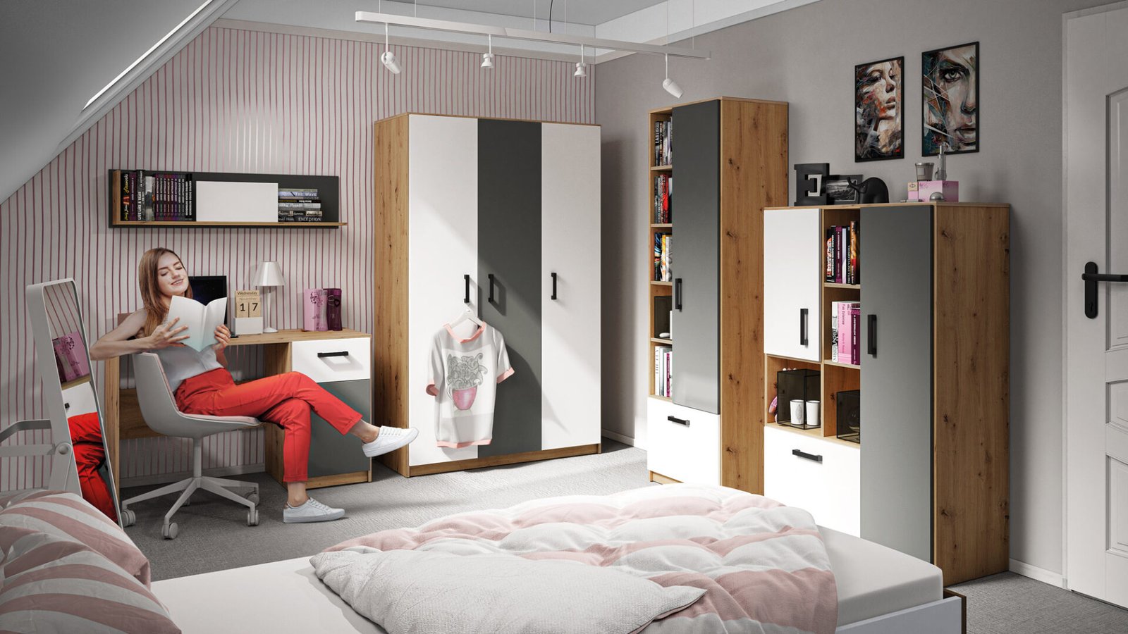 FINI 02 oak body / white front / anthracite insert – wardrobe - Image 11
