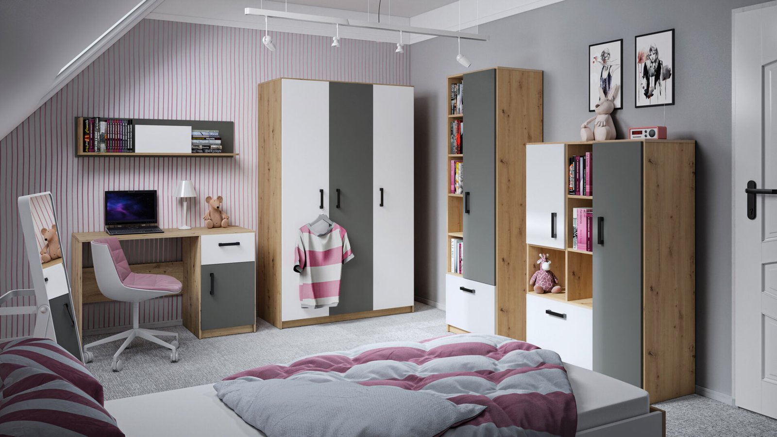 FINI 02 oak body / white front / anthracite insert – wardrobe - Image 12