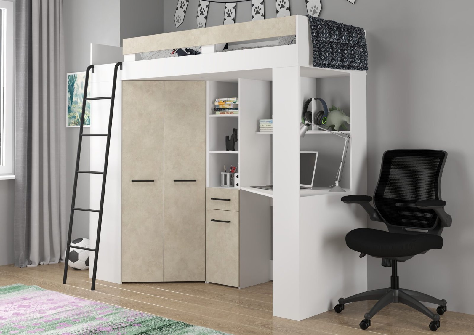 Bunk bed with table, corner wardrobe, mezzanine FLO L, white, almond color - Image 2
