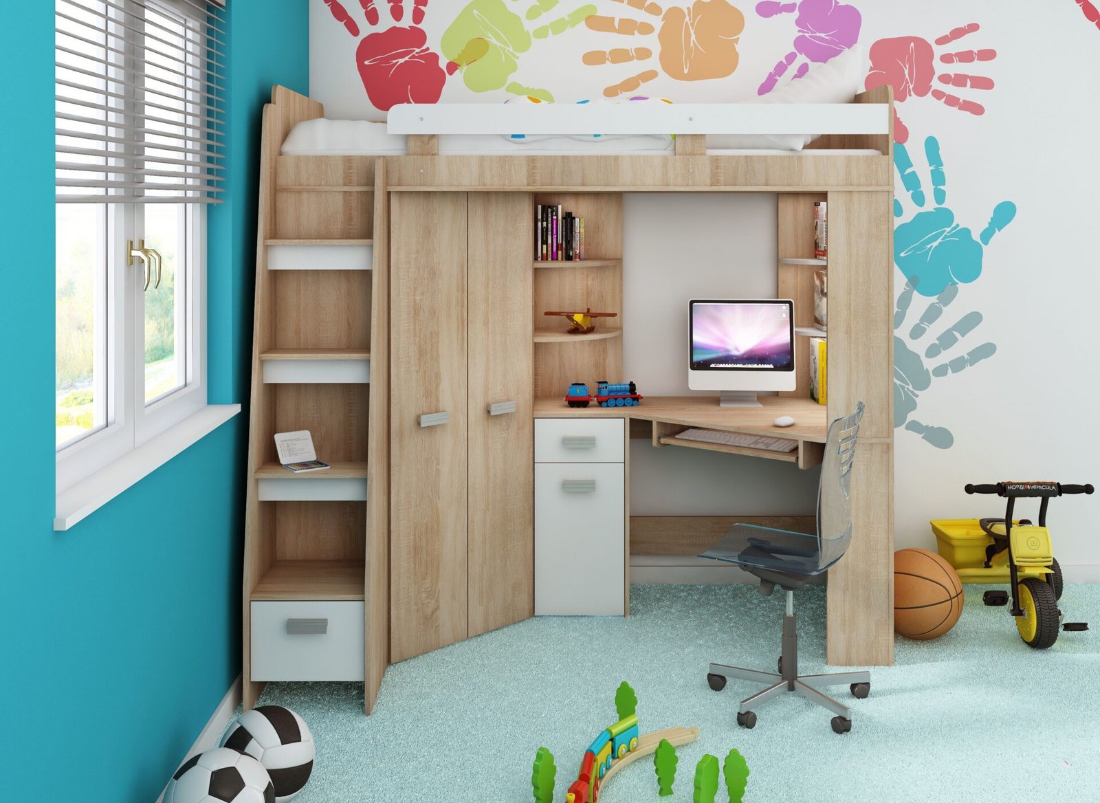 SOLA L bunk bed with table, corner wardrobe, mezzanine, Sonoma oak, white - Image 2