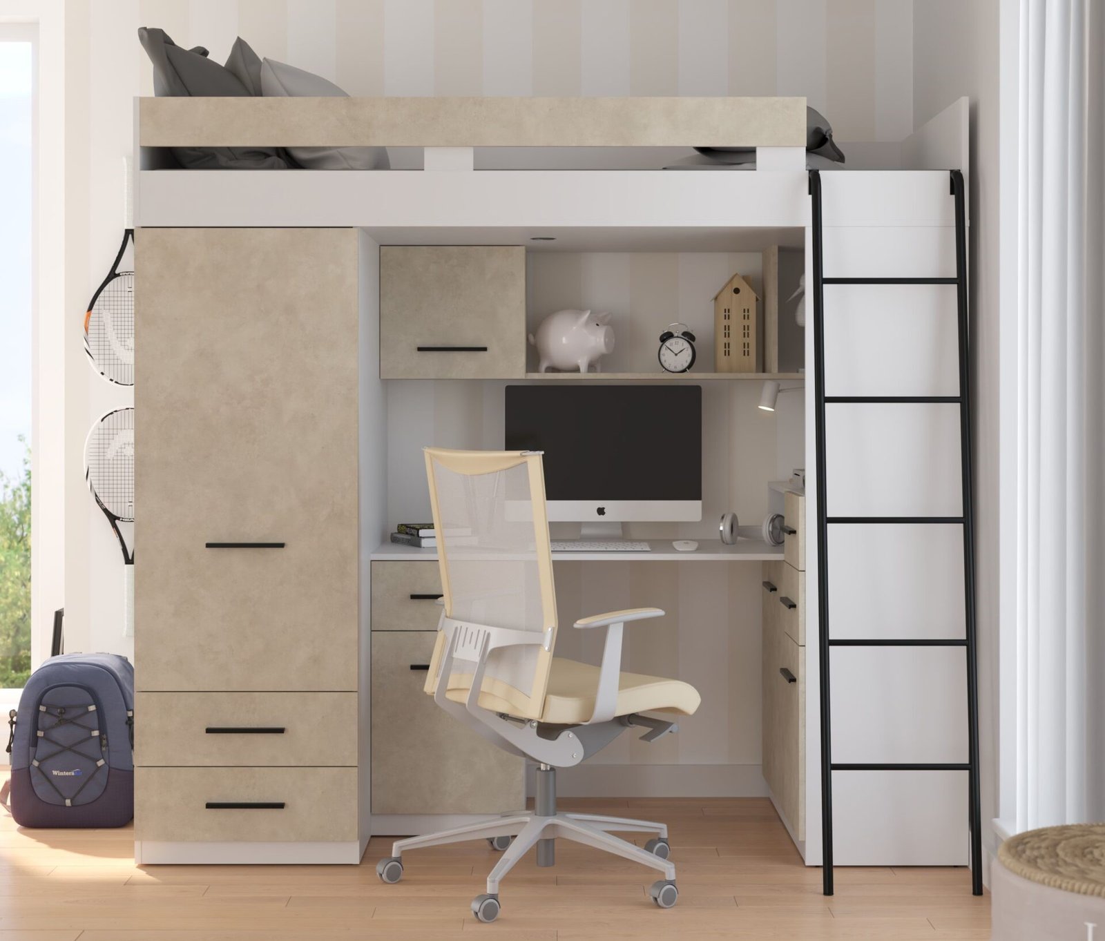 SMYK P mezzanine with desk, wardrobe and chest of drawers, white, almond color - Image 4